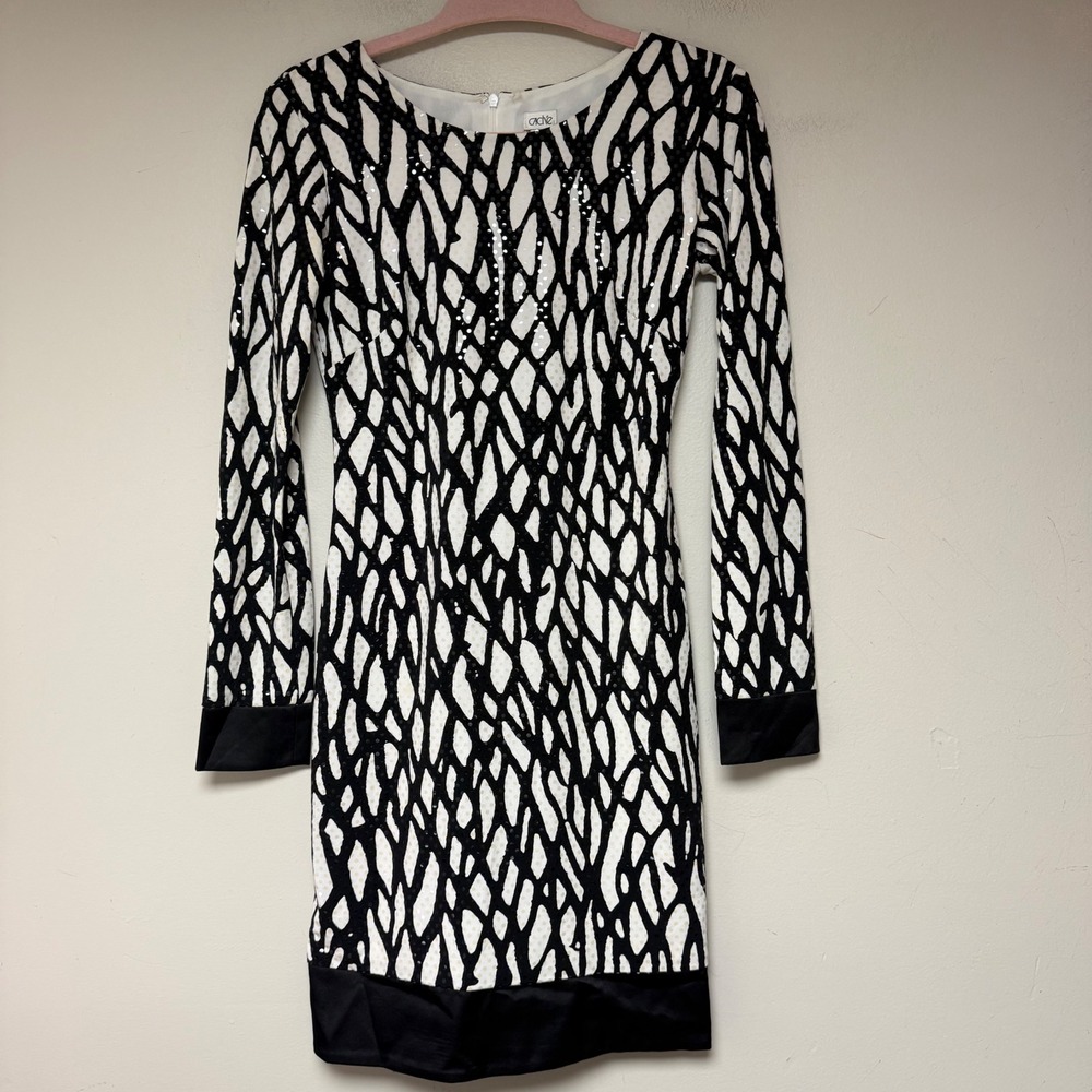 Cache Mini Dress Women 2 Black White Excellent Sequin Abstract‎ Long Sleeve 8852